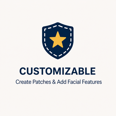 Customizable doll feature showing a shield icon to represent personalized plush dolls with custom doll patches and facial features. Add glasses, mustaches, freckles, name patches, unit patches, rank patches, and other custom details to create a Daddy Doll, Mommy Doll, military doll, police doll, firefighter doll, or family Hero Doll that looks more like the person your child loves.