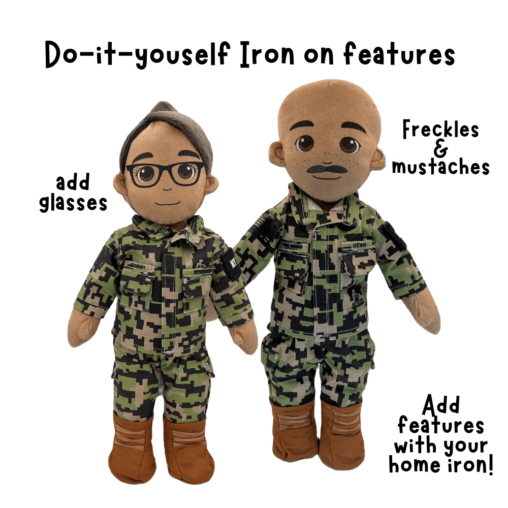 Custom plush mommy and daddy dolls with added freckles, glasses, and mustaches for a unique, personalized touch to these cuddly family characters