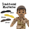Customized dolls with mustaches in blonde, brown, black, and red