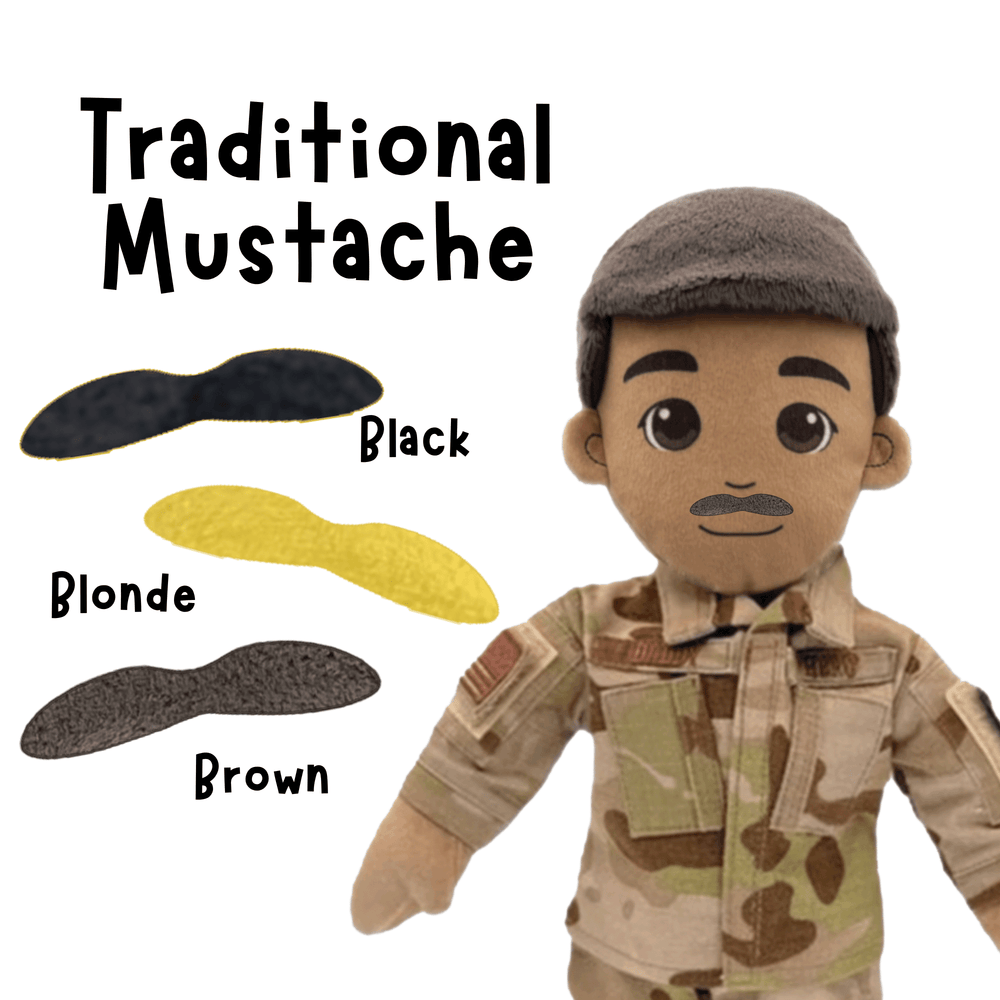 Customized dolls with mustaches in blonde, brown, black, and red