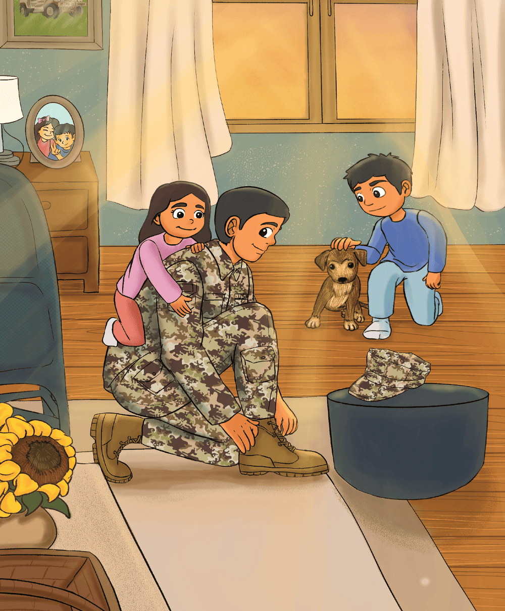 Army Children's book  Illustration of two kids and their soldier daddy spending time in their living room