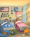 Army Children's book  Illustration of two kids waking up in the morning in an army themed room