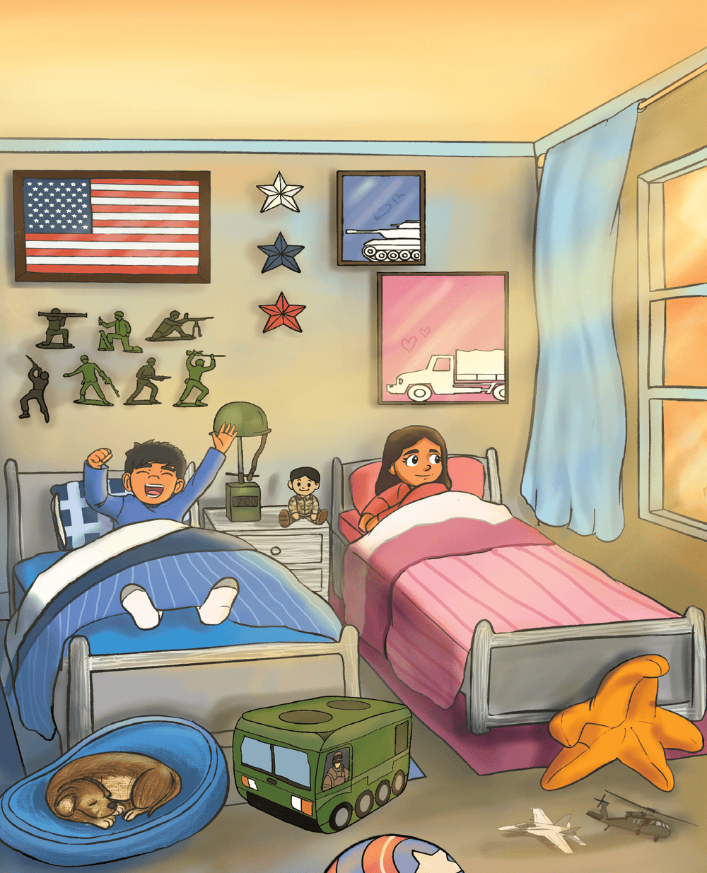 Army Children's book  Illustration of two kids waking up in the morning in an army themed room