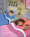 Army Children's book  Illustration of two kids sleeping with their daddy doll while dad is deployed
