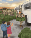 Army Children's book Illustration of two kids waiving goodbye to their deploying daddy