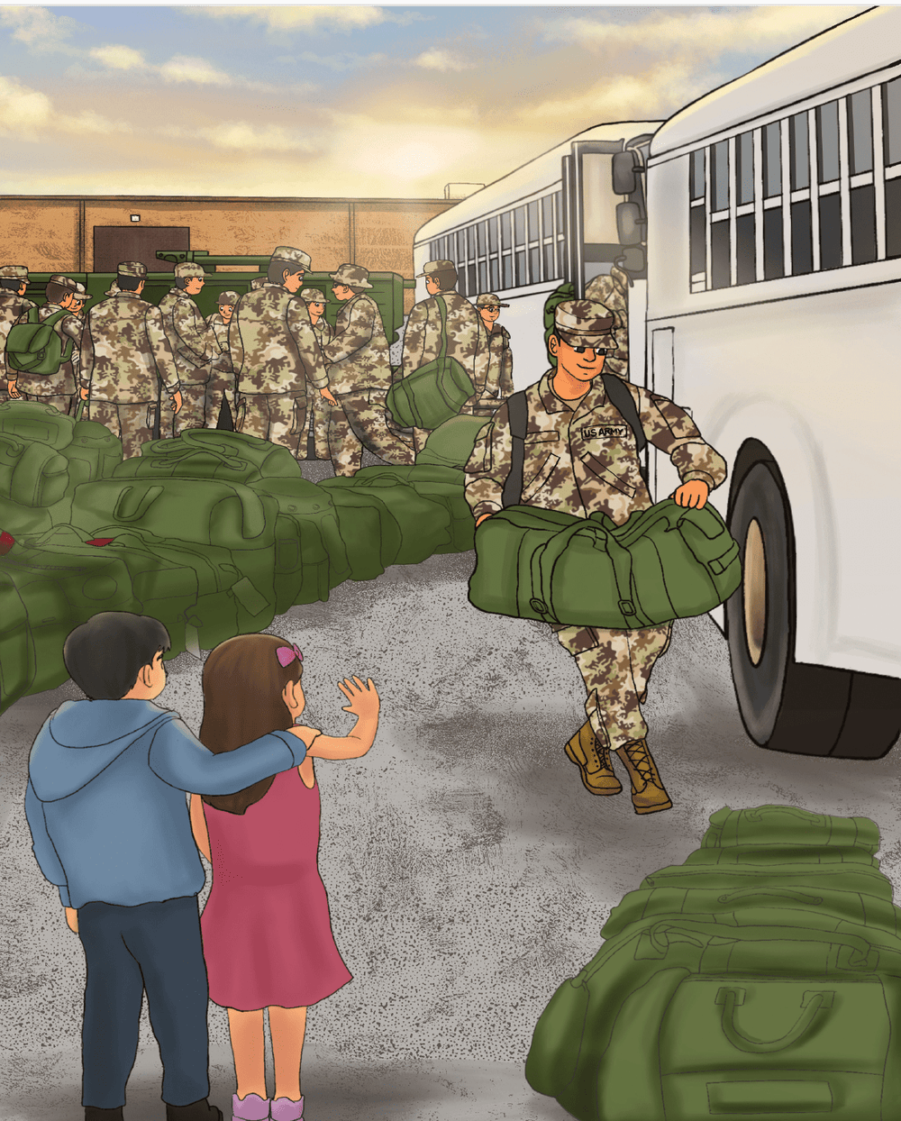 Army Children's book Illustration of two kids waiving goodbye to their deploying daddy