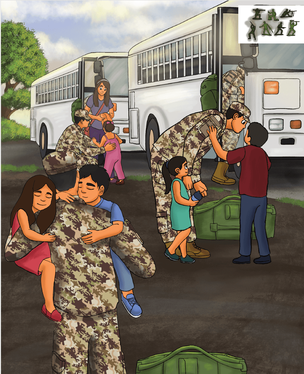 Army Children's book  Illustration of two kids embracing their soldier daddy welcoming home from deployment