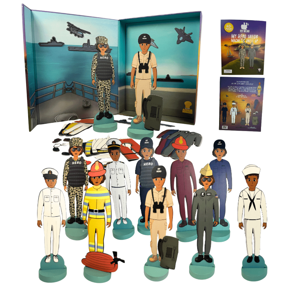 Full spread of MY HERO Navy Sailor Magnetic Doll Set with multiple figures and accessories — designed to inspire pride and storytelling for children of service members.