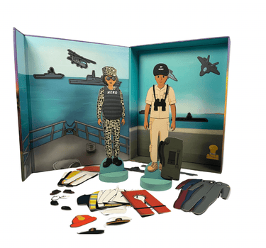 My Hero Sailor Magnetic Dress Up play scene with Navy sailor characters, ship background, magnetic uniforms, aircraft, boats, and accessories