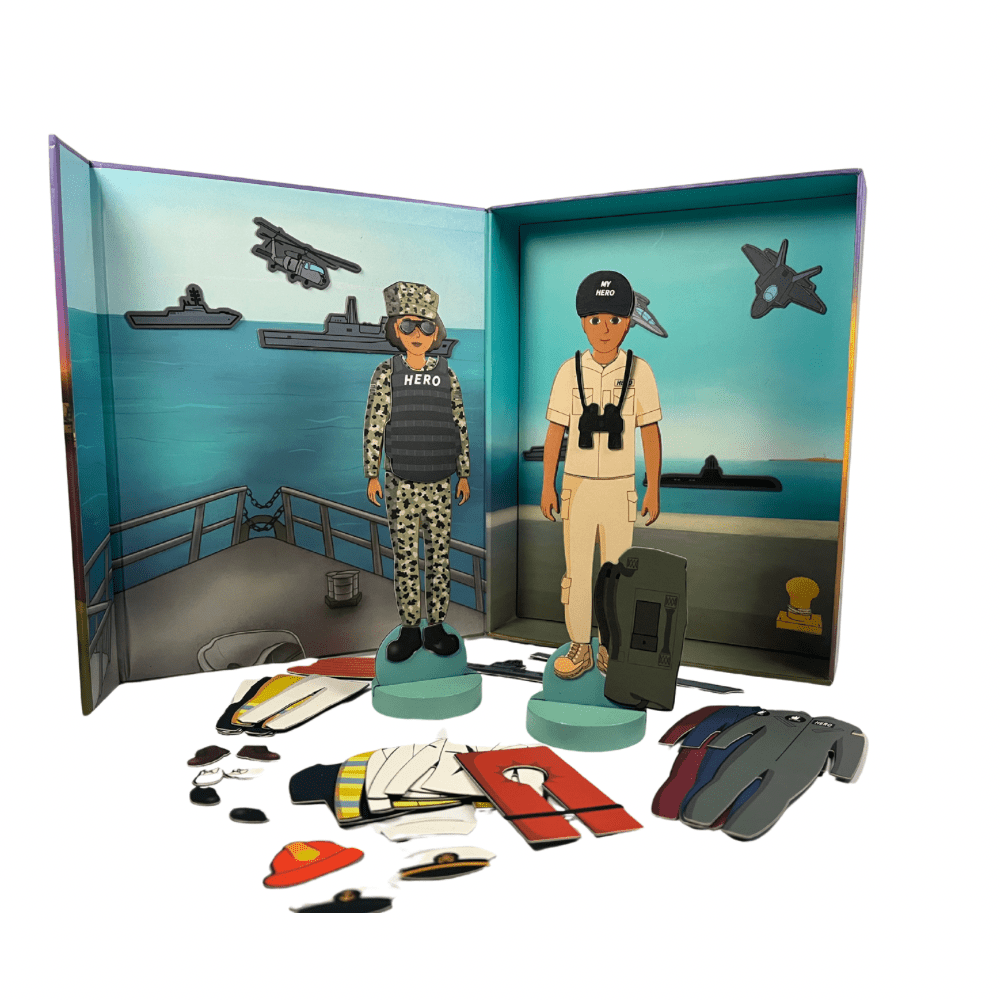 Magnetic Navy Sailor doll set with accessories, play board, and folded packaging — fun and educational toy for military kids and families.