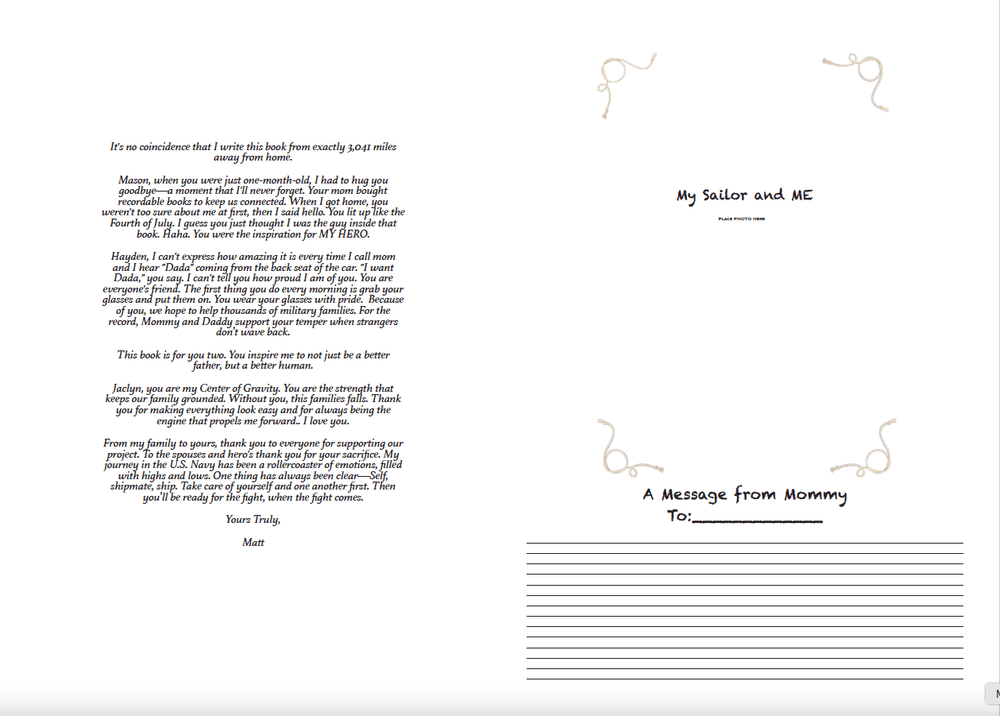 text from navy childrens book showing a tribute to navy families and a placeholder for images and a note