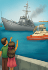 Illustrated ocean scene with Navy ship and mother-child duo on the shore — emotional imagery from “My Mommy, My SWO” children’s storybook.