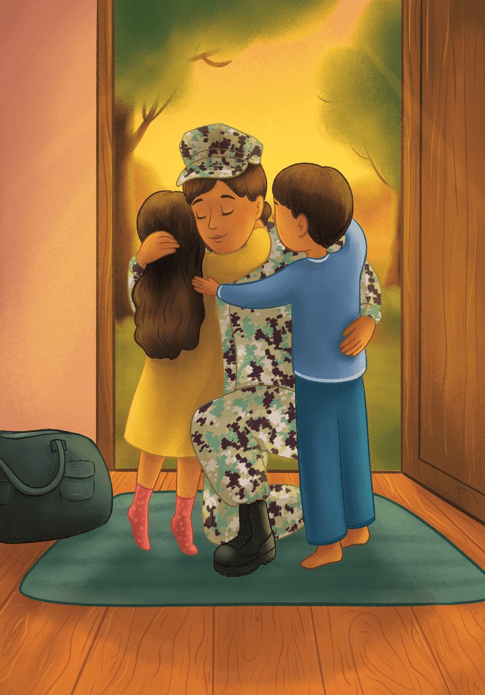 Warm-toned book cover with a Navy mom embracing her child — “My Mommy, My SWO” is a meaningful picture book for children of service members.