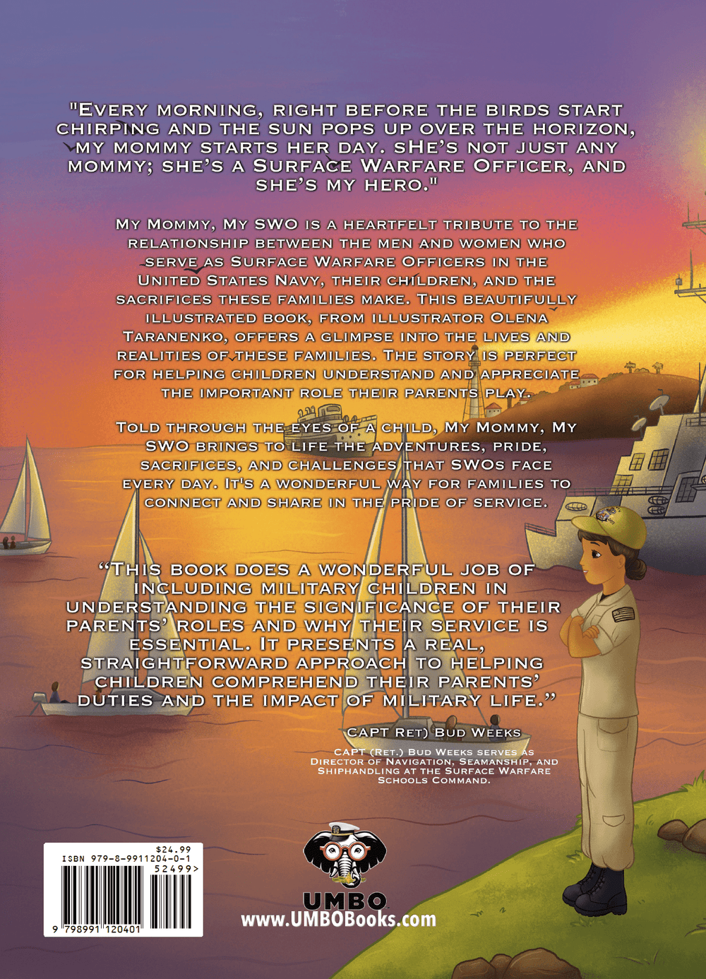 Alternate cover of “My Mommy, My SWO” with a sunset background and Navy ship — children’s book celebrating mothers serving as Surface Warfare Officers.