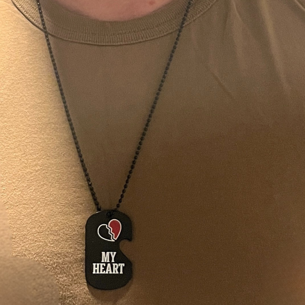 Deployment gift for kids: matching black dog tag necklace set with a broken-heart design.