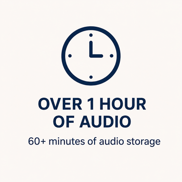 60 minute recording doll feature showing a clock icon to represent more than one hour of audio storage. This recordable plush doll can hold over 60 minutes of bedtime stories, personal messages, songs, deployment recordings, and words of encouragement. A 60 minute recording doll gives military children and families more time to hear a familiar voice whenever their Hero is away.