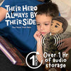 Child holding doll with text My Hero stays by their side  

